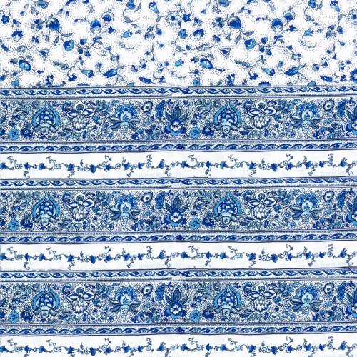 Nappe Blanc/Bleu Rectangulaire Coton Placée motif "Champêtre"